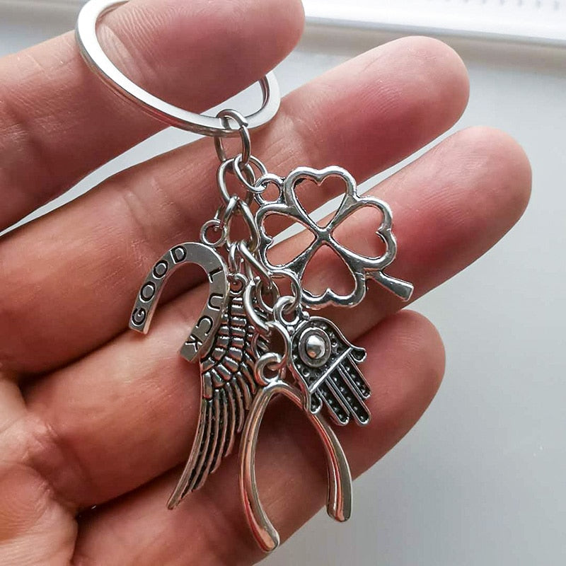 Hand Fatima Wings Clover Good Luck Keyring