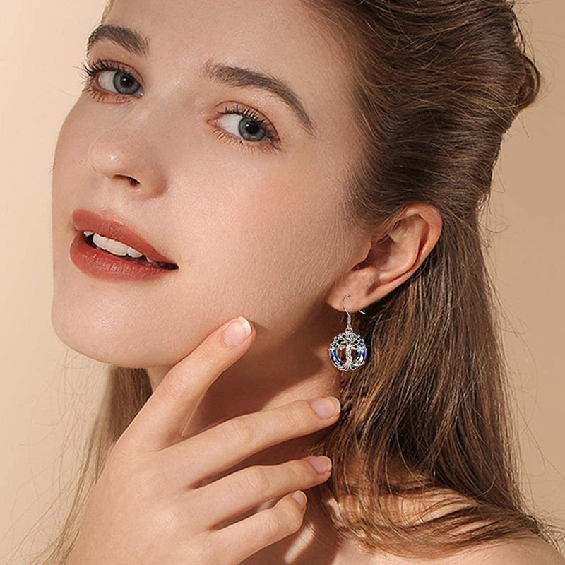 Tree Drop Earrings with Blue Crystal