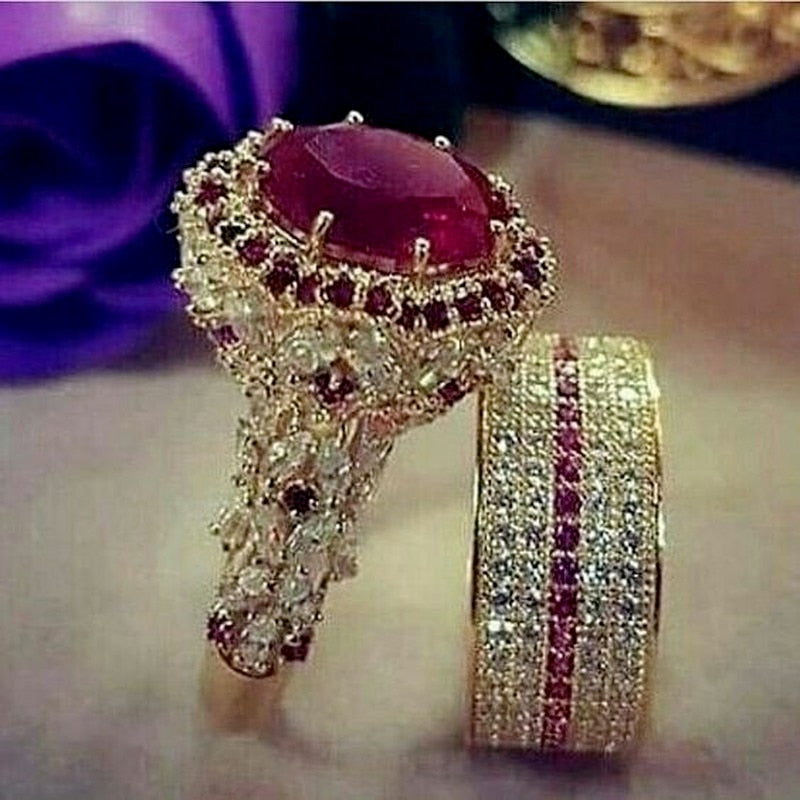 Elegant Gold Color Zircon Red Crystal Ring