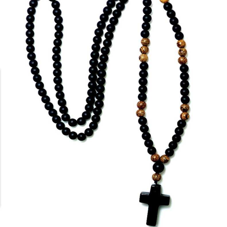 ROSARY NECKLACE - BLACK STONE & WOOD BEADS