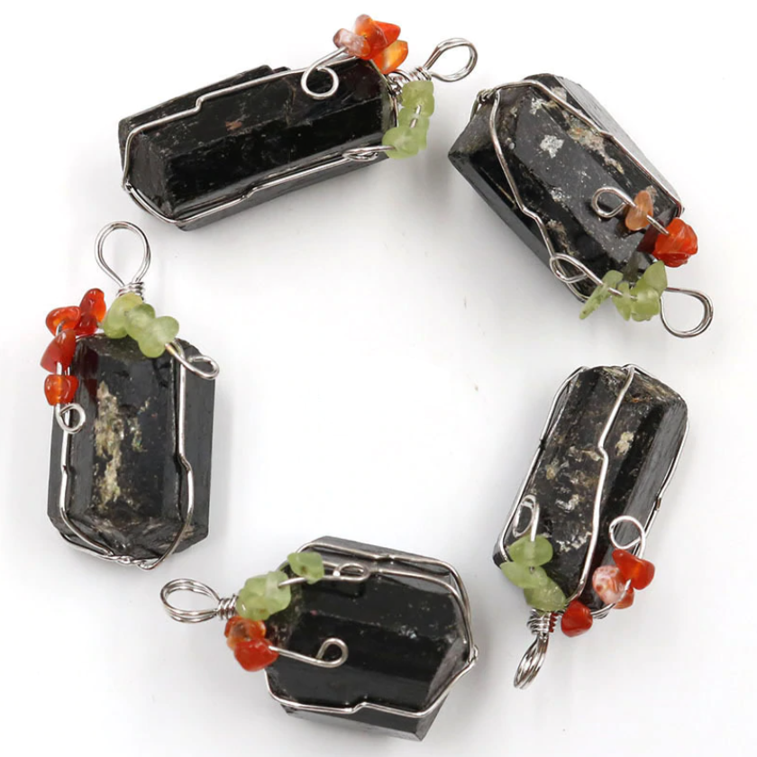 Black Tourmaline with Red Agate & Peridot Quartz