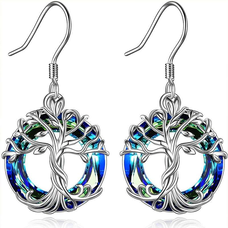 Tree Drop Earrings with Blue Crystal