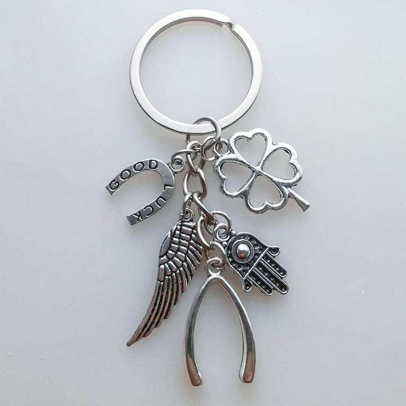 Hand Fatima Wings Clover Good Luck Keyring