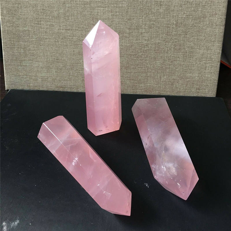 NATURAL ROCK PINK ROSE QUARTZ CRYSTAL WAND POINT HEALING MINERAL STONE
