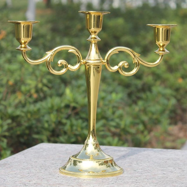 Gold 3-Arms Metal Pillar Candle Holders
